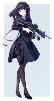 1girl angel_ina assault_rifle black_hair green_eyes gun hair_intakes high_heels highres holding holding_gun holding_weapon light_smile long_hair m4_carbine original pantyhose rifle sheath sheathed side_slit simple_background solo thigh_sheath trigger_discipline vertical_foregrip weapon weapon_request