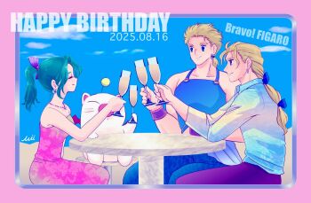 1girl 2boys bare_arms bare_shoulders blue_background blue_eyes blue_pants blue_shirt border breasts brothers champagne_flute closed_eyes collarbone creature cup dated dress drinking_glass earrings edgar_roni_figaro final_fantasy final_fantasy_vi green_hair hair_ribbon happy_birthday highres ika_okura_66 jewelry long_hair low_ponytail medium_breasts moogle multi-tied_hair multiple_boys necklace pants parted_bangs pink_border pink_dress ponytail purple_pants purple_ribbon ribbon sabin_rene_figaro shirt short_hair siblings sitting smile strapless strapless_dress table tina_branford toasting_(gesture) twins