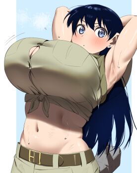 1girl arato_nagi armpits arms_up bare_arms belt black_hair blue_background blush border breasts brown_pants brown_shirt bursting_breasts cleavage closed_mouth commentary_request dot_mouth ear_piercing earrings hair_between_eyes hammer highres holding holding_hammer huge_breasts imiin jewelry long_hair looking_at_viewer navel pants piercing purple_eyes ruri_no_houseki shirt sleeveless sleeveless_shirt solo stomach stud_earrings sweat tied_shirt upper_body white_border