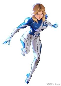 1girl absurdres blonde_hair blue_bodysuit blue_eyes blue_jumpsuit bodysuit breasts earrings fantastic_four full_body genjiruu highres jewelry jumpsuit large_breasts long_hair looking_at_viewer marvel marvel_rivals medium_breasts multicolored_bodysuit solo sue_storm superhero_costume twitter_username two-tone_bodysuit white_background white_bodysuit