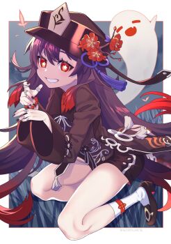 1girl 4rion :d absurdres bead_bracelet beads black_nails black_shoes blush boo_tao_(genshin_impact) border bracelet brown_coat brown_hair brown_hat chinese_clothes coat commentary flower flower-shaped_pupils full_body genshin_impact grin hair_between_eyes hands_up happy hat hat_flower hat_tassel highres hu_tao_(genshin_impact) jewelry long_hair long_sleeves looking_at_viewer multiple_rings nail_polish open_mouth outdoors outside_border plum_blossoms porkpie_hat red_eyes red_flower ring shoes sitting smile solo symbol-shaped_pupils tassel thighs very_long_hair white_border wide_sleeves