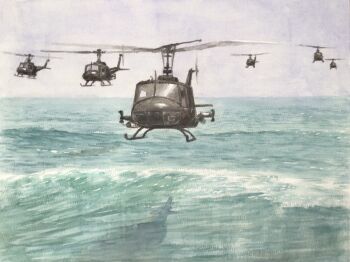 Rule 34 | aircraft, apocalypse now, atelier bono, blue sky, commentary request, flying, helicopter, highres, military vehicle, no humans, ocean, painting (medium), shadow, sky, traditional media, uh-1 iroquois, vehicle focus, vietnam war, watercolor (medium), waves