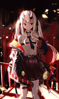 Rule 34 | 1girl, absurdres, bare shoulders, black choker, choker, cokei, collared shirt, commentary, hair between horns, highres, hololive, horn ornament, horns, legband, long hair, long sleeves, looking to the side, multicolored hair, nakiri ayame, nakiri ayame (streetwear), necktie, official alternate costume, official alternate hairstyle, oni, red eyes, red hair, red streaks, shirt, skin-covered horns, skirt, sleeveless, sleeveless shirt, solo, streaked hair, twintails, virtual youtuber, white hair