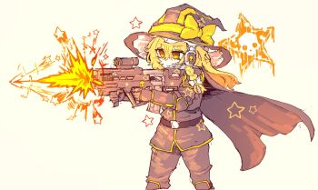 1girl alternate_costume black_cape black_hat black_pants blonde_hair bow braid cape firing gun hat hat_bow headphones highres holding holding_gun holding_weapon kirisame_marisa long_sleeves pants rampa93 side_braid simple_background single_braid solo star_(symbol) touhou weapon white_background witch_hat yellow_bow yellow_eyes