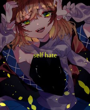 1girl black_background black_shirt blonde_hair brown_shirt commentary_request english_text green_eyes hands_on_own_head looking_at_viewer mizuhashi_parsee one-hour_drawing_challenge open_mouth scarf shinjitsu_no_kuchi shirt short_hair short_sleeves sleeveless sleeveless_shirt smile solo touhou undershirt upper_body white_scarf