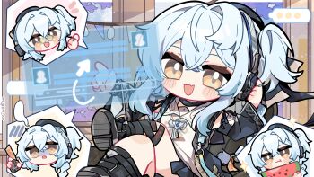 Rule 34 | 1girl, absurdres, artist name, black jacket, blue hair, buling (wuthering waves), chibi, chibi only, chinese commentary, commentary request, crossed legs, detached sleeves, dress, eating, emoticon, food, fruit, hand up, headphones, highres, holographic interface, jacket, kyou 039, long hair, looking at viewer, open mouth, side ponytail, sitting, smile, solo, watermelon, white dress, wuthering waves, yellow eyes