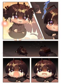 2girls :d ^_^ ant_girl antennae arthropod_girl black_dress blush brown_eyes brown_hair chibi chibi_only closed_eyes collared_dress commentary_request crying dress drill_hair hair_between_eyes harumina_mau highres long_hair long_sleeves looking_at_another lying main_ant_girl_(harumina_mau) multiple_girls on_stomach open_mouth original smile standing tears twin_drills zoom_layer