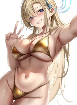 1girl armpits asuna_(blue_archive) bikini blonde_hair blue_archive blue_eyes blue_halo breasts cleavage commentary english_commentary eyes_visible_through_hair gluteal_fold gold_bikini hair_over_one_eye halo highres large_breasts long_hair looking_at_viewer navel smile solo stone_(ksorede) swimsuit very_long_hair w white_background