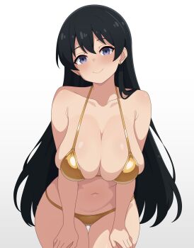 1girl absurdres ai-assisted arato_nagi bikini black_hair blush breasts closed_mouth commentary curvy ear_piercing earrings english_commentary gluteal_fold gold_bikini guilegaze hair_over_shoulder hands_on_own_thighs highres jewelry large_breasts leaning_forward long_hair looking_at_viewer navel piercing pink_lips purple_eyes ruri_no_houseki simple_background smile solo stomach stud_earrings swimsuit thick_thighs thighs two-tone_background white_background wide_hips