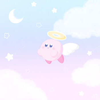 Rule 34 | angel wings, blue eyes, blue sky, cloud, commentary request, crescent moon, flying, full body, halo, highres, kirby, kirby (series), mochimaro (infj oekaki), moon, nintendo, no humans, outdoors, sky, smile, solo, star (symbol), traditional halo, wings