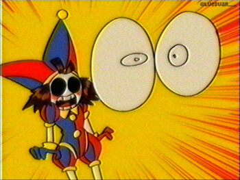 1990s_(style) 1girl brown_hair bulging_eyes commentary english_commentary eye_pop hat jester jester_cap lueduar open_mouth pomni_(the_amazing_digital_circus) retro_artstyle short_hair simple_background solo standing the_amazing_digital_circus twitter_username vhs_artifacts yellow_background