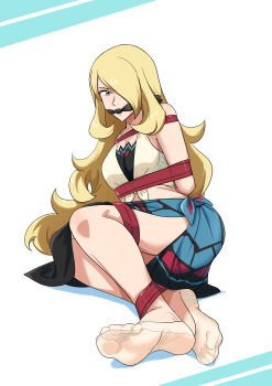 1girl absurdres arms_behind_back blonde_hair bound breasts cleave_gag cloth_gag cynthia_(pokemon) cynthia_(summer_2025)_(pokemon) gag gagged highres improvised_gag legs long_hair lost_one_zero nintendo pokemon pokemon_masters_ex sarong