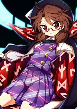 Rule 34 | 1girl, absurdres, baba (baba seimaijo), bolo tie, bow, brown hair, cape, commentary request, fedora, female focus, glasses, hat, hat bow, highres, kneehighs, kneeling, long sleeves, looking at viewer, low twintails, plaid clothes, plaid skirt, plaid vest, purple skirt, purple vest, red-framed eyewear, red eyes, semi-rimless eyewear, shirt, skirt, smile, socks, solo, touhou, twintails, under-rim eyewear, usami sumireko, vest, white bow, white shirt, white socks