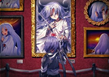 Rule 34 | 1boy, armor, bai he, commentary request, crack, cracked glass, crying, dress, from behind, grey armor, grey hair, highres, jewelry, lagunas, long hair, metal gloves, necklace, painting (object), pauldrons, portrait (object), power armor, red eyes, seihou, short hair, shoulder armor, solo, wings, yuitia (seihou)