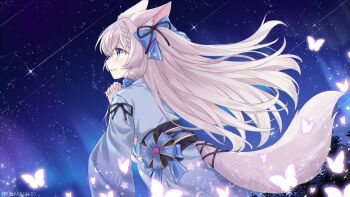 1girl absurdres animal_ears black_ribbon black_sky blue_bow blue_eyes blue_kimono blue_sash blue_sky bow bug butterfly clothing_cutout commentary_request commission da_shan_mao from_side glowing_butterfly gradient_sky hair_bow hair_ribbon highres indie_virtual_youtuber insect izayoi_aotuki japanese_clothes kimono long_hair long_sleeves night own_hands_clasped own_hands_together parted_lips ribbon sash shooting_star sky solo star_(sky) starry_sky tail tail_through_clothes virtual_youtuber white_hair wide_sleeves wolf_ears wolf_girl wolf_tail