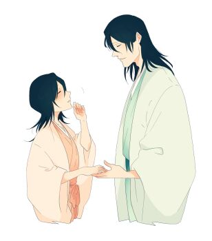 Rule 34 | 1boy, 1girl, adoptive siblings, black hair, bleach, brother and sister, closed eyes, commentary request, green kimono, haori, highres, japanese clothes, kimono, kuchiki byakuya, kuchiki rukia, m1gm1gmagnesium, medium hair, orange kimono, siblings, smile