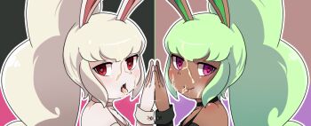 2girls bad_id bad_pixiv_id bunny_mint cuffs cum cum_in_mouth cum_on_body cum_on_tongue cum_on_upper_body cum_string detached_sleeves facial furry green_hair looking_at_viewer miru multiple_girls own_hands_clasped pink_eyes rabbit_ears rabbit_girl red_eyes snowrabby steam tongue tongue_out white_hair youkai_watch youkai_watch_3