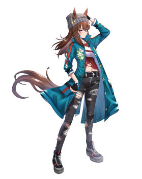 Rule 34 | 1girl, absurdres, animal ears, beanie, black gloves, blue coat, blush, breasts, brown hair, closed mouth, coat, commentary request, denim, dice, dice necklace, dice pendant, ears through headwear, fingerless gloves, full body, gloves, grey hat, hair between eyes, hat, highres, horse ears, horse girl, horse tail, jacket, jeans, jewelry, long hair, long sleeves, looking at viewer, midnavel, nakayama festa (shichuukyuukatsu) (umamusume), nakayama festa (umamusume), necklace, pants, purple eyes, red shirt, shirt, simple background, solos, tail, tawashi hechima, torn clothes, torn jeans, torn pants, torn shirt, umamusume, white background