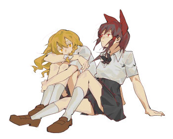 2girls alternate_costume an9_(jwns5327) black_skirt blonde_hair bow braid brown_hair brown_shoes chinese_commentary closed_mouth collared_shirt commentary_request expressionless full_body hair_ribbon hair_tubes hakurei_reimu hugging_own_legs kirisame_marisa legs long_hair looking_at_another medium_hair multiple_girls red_bow red_eyes ribbon school_uniform shirt shoes short_sleeves sitting skirt smile socks thighs touhou white_background white_shirt white_socks yellow_eyes