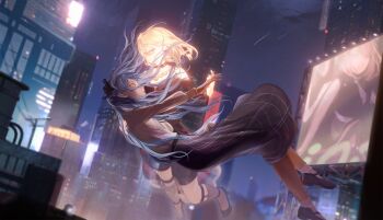 2girls bang_dream! black_choker black_ribbon black_shoes black_shorts blonde_hair blue_hair building choker city city_lights cityscape dutch_angle falling floating_clothes floating_hair full_body ghost glowing glowing_hair glowing_skin grey_skirt hair_ribbon high_heels highres holding_hands interlocked_fingers jilanzhijing long_hair long_skirt long_sleeves medium_hair misumi_uika multiple_girls night off-shoulder_shirt off_shoulder orange_eyes outdoors peril plaid_clothes plaid_skirt power_lines purple_eyes red_shirt ribbon screen see-through_body shirt shirt_tucked_in shoes shorts skirt sky skyscraper socks thigh_strap togawa_sakiko utility_pole very_long_hair wavy_hair white_shirt white_socks
