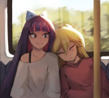 2girls aqua_eyes black_straps blonde_hair blue_bow blunt_bangs blush bow bra_strap bus closed_eyes closed_mouth collarbone colored_inner_hair commentary english_commentary eyelashes facing_viewer hair_bow head_on_another's_shoulder hexlaze highres indoors long_hair long_shirt looking_at_another motor_vehicle multicolored_hair multiple_girls panty_&amp;_stocking_with_garterbelt panty_(psg) pink_hair purple_hair red_sweater shirt sleeping smile stocking_(psg) sunlight sweater white_shirt