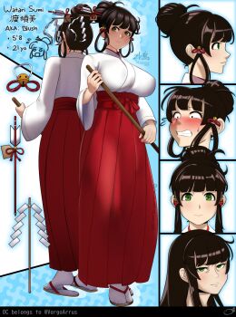 1girl absurdres bell blue_background blunt_bangs blush breasts reference_sheet closed_mouth commission green_eyes hair_bell hair_ornament hair_rings hair_stick hakama hakama_skirt heel_up highres holding japanese_clothes kimono large_breasts looking_at_viewer miko multiple_views original patterned_background portrait red_skirt rope sandals second-party_source shimenawa sidelocks skirt socks standing tabi twitter_username underbust white_kimono white_socks wide_sleeves zl-crow_red
