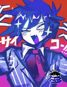 Rule 34 | > <, 1girl, 3boys, :d, antenna hair, aubrey (headspace) (omori), aubrey (omori), blue hair, blue jacket, bossman hero, brothers, chibi, chibi inset, collared shirt, colored skin, colored tongue, commentary, contrast collar, double-parted bangs, fang, fingernails, gradient background, hair between eyes, hands up, hero (headspace) (omori), hero (omori), highres, honshiya, jacket, kel (headspace) (omori), kel (omori), male focus, multiple boys, necktie, omori, omori (omori), open mouth, pink background, pink shirt, purple tongue, red background, red necktie, shirt, short hair, siblings, simple background, skin fang, smile, solo focus, sparkle, striped clothes, striped jacket, tongue, translation request, turning head, two-tone background, uneven eyes, untranslatable commentary, upper body, vertical-striped clothes, vertical-striped jacket, white eyes, white skin