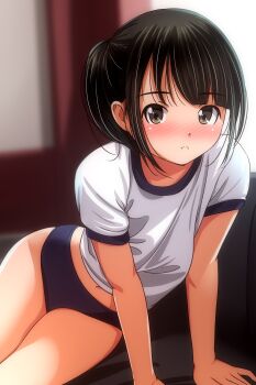 1girl absurdres black_hair blue_buruma blurry blurry_background blush brown_eyes buruma gym_shirt gym_uniform highres looking_at_viewer matsunaga_kouyou original parted_lips ponytail shirt short_hair short_sleeves sitting solo thighs