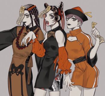 3girls bone_print commentary detached_sleeves double_bun dreadlocks ermes_costello foo_fighters_(jojo) hair_bun hat highres holding holding_ofuda jojo_no_kimyou_na_bouken kuujou_jolyne long_hair masakenme multiple_girls ofuda ofuda_on_head stone_ocean