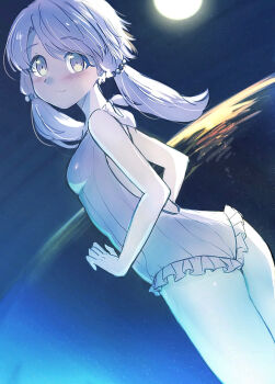 1girl absurdres ass blush breasts flat_ass frilled_one-piece_swimsuit frills full_moon highres imamiya_pinoko moon night one-piece_swimsuit outdoors purple_eyes purple_hair short_hair_with_long_locks small_breasts solo swimsuit voiceroid yuzuki_yukari