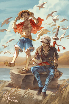 2boys ^_^ abs bird black_hair black_shirt blue_shorts book chest_tattoo closed_eyes closed_mouth commentary denim earrings english_commentary facial_hair full_body goatee hand_tattoo hat highres holding holding_book jeans jewelry male_focus monkey_d._luffy multiple_boys one_piece open_clothes open_mouth open_shirt outdoors pants red_shirt sandals scar scar_on_chest scar_on_face shirt short_hair shorts signature sitting skar_1004 smile standing straw_hat tattoo trafalgar_law white_bird wind