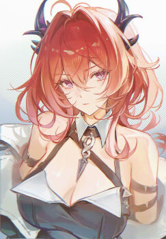 Rule 34 | 1girl, absurdres, arknights, arknights: endfield, arm belt, arm strap, artist name, bare shoulders, black dress, black horns, black shirt, breasts, cleavage, closed mouth, commentary, demon girl, demon horns, dress, expressionless, eyelashes, grey background, hair between eyes, hair intakes, highres, horns, jacket, jacket partially removed, laevatain (arknights), large breasts, long hair, looking at viewer, portrait, purple eyes, red hair, shirt, sidelocks, simple background, solo, surtr (arknights), white jacket, yanjem