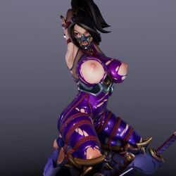 1girl 3d animated armor arms_behind_head arms_up ass barefoot bodysuit bound bound_arms breast_bondage breasts feet huge_ass huge_breasts impossible_bodysuit impossible_clothes japanese_armor kneeling large_breasts lips mask menpoo mouth_mask multiple_views nail_polish ninja_mask pear_force_one purple_bodysuit pussy rope shiny_clothes simple_background skin_tight soul_calibur tagme taki_(soulcalibur) thick_thighs thighs toeless_bodysuit torn_bodysuit torn_clothes turnaround video