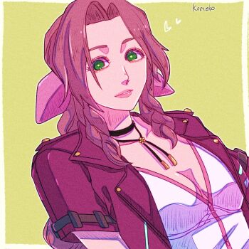 Rule 34 | artist name, braid, braided ponytail, breasts, brown hair, choker, cleavage, commentary request, dress, final fantasy, final fantasy vii, final fantasy vii remake, flower choker, green background, green eyes, hair ribbon, highres, jacket, komeko (strikek-lvvjm27), long hair, looking at viewer, medium breasts, parted bangs, parted lips, pink dress, pink ribbon, red jacket, ribbon, short sleeves, sidelocks, single braid, upper body