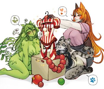 3girls animal_ear_fluff animal_ears asya_(kmnsaur) black_shirt blush body_fur box breasts brown_sclera cardboard_box cat_ears cat_girl cat_tail cleavage closed_mouth colored_sclera commentary covered_erect_nipples english_commentary furry furry_female grass green_eyes green_hair grey_shorts hair_between_eyes half-closed_eyes heart highres holding holding_unworn_clothes huge_breasts kmnsaur large_breasts long_hair looking_at_object midriff monster_girl multiple_girls nude orange_hair original parted_lips pink_shirt plant_girl plump seiza shirt short_sleeves shorts simple_background sitting slit_pupils snout sparkle sparkling_aura spoken_emoji spoken_heart tail teeth tiger_ears tiger_girl tiger_tail very_long_hair wariza white_background white_eyes white_shorts yellow_eyes