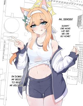 1girl absurdres animal_ear_fluff blue_archive blue_eyes blue_jacket blue_shorts blush breasts closed_mouth commentary cowboy_shot double-parted_bangs english_commentary english_text flower hair_between_eyes hair_flower hair_ornament hairband halo hands_up hashtag-only_commentary highres jacket jacket_partially_removed long_hair long_sleeves looking_at_viewer mari_(blue_archive) mari_(track)_(blue_archive) mayoa monochrome_background navel official_alternate_costume orange_hair puff_of_air short_shorts shorts small_breasts smile solo stomach sweat talking tank_top tied_tank_top tongue tongue_out track_jacket v white_flower white_hairband white_tank_top yellow_halo