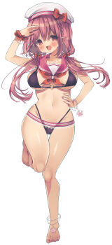 1girl anklet bikini black_bikini blush bracelet braid breasts full_body hand_on_own_hip hat highleg highleg_bikini highres hinako_note jewelry knee_up large_breasts looking_at_viewer march-bunny nail_polish navel neckerchief open_mouth pink_nails pink_neckerchief pink_sailor_collar sailor_collar sakuragi_hinako salute scrunchie simple_background smile solo swimsuit twintails white_background white_hat wrist_scrunchie