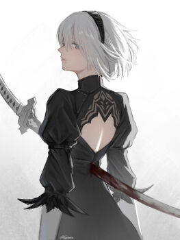 1girl 2b_(nier:automata) back_cutout black_dress black_hairband blood clothing_cutout cowboy_shot dress feather-trimmed_sleeves feather_trim forutaro from_behind grey_eyes hairband highres juliet_sleeves katana long_sleeves looking_back mole mole_under_mouth nier:automata nier_(series) no_blindfold profile puffy_sleeves shadow short_hair signature simple_background solo stab sword virtuous_contract weapon white_background white_hair