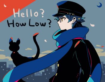 1boy animal bemani black_cat black_hat black_jacket blue_scarf cat commentary_request english_text from_side gakuran hat jacket looking_ahead male_focus mizuki_tsukimori nakaji_(pop&#039;n_music) pop&#039;n_music scarf school_uniform short_hair solo yellow_eyes