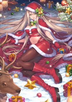 1girl :d absurdly_long_hair animal bell blonde_hair boots bow bowtie box breasts brown_pantyhose cape christmas_ornaments cleavage crop_top full_body fur-trimmed_cape fur-trimmed_gloves fur-trimmed_headwear fur-trimmed_skirt fur_trim gift gift_box gloves green_bow green_bowtie green_eyes hagure_keg hat hat_bow high_heel_boots high_heels highres knee_boots light_particles long_hair looking_at_viewer lower_teeth_only lying medium_breasts navel neck_bell on_ground on_side open_mouth original outdoors oversized_clothes pantyhose red_boots red_cape red_gloves red_hat red_skirt reindeer santa_costume santa_hat skirt smile snow solo teeth very_long_hair