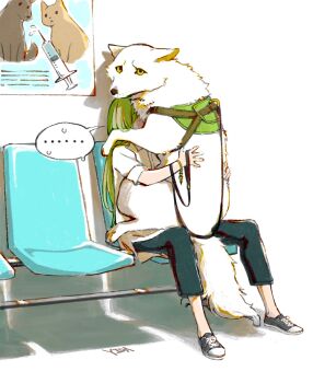... 1other animal animal_hug animal_on_lap commentary_request enkidu_(fate) fate/strange_fake fate_(series) green_hair highres long_hair on_lap pants salmonofarctic scared shirt shoes sitting sneakers spoken_ellipsis waiting_room wolf wolf_(fate) yellow_eyes