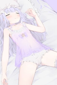 1girl babydoll closed_eyes closed_mouth hat hololive loli long_hair lying mob_cap murasaki_shion on_back on_bed panties purple_babydoll purple_hair recklessdraw sleeping smile solo underwear virtual_youtuber white_panties