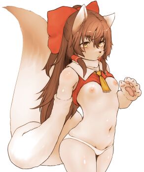 1girl animal_ears blush bow breasts brown_eyes brown_hair dog_ears dog_tail hair_bow hair_tubes hakurei_reimu hawthorn japanese_clothes long_hair navel nipples no_bra nontraditional_miko open_mouth panties simple_background small_breasts solo standing tail touhou underwear white_background white_panties