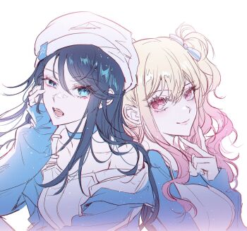 2girls beanie black_hair blonde_hair blue_choker blue_eyes blue_shirt breasts choker closed_mouth collarbone commentary gradient_hair hair_between_eyes hair_ribbon half-closed_eye hand_on_own_cheek hand_on_own_face hand_up hat head_rest highres hoshino_ichika_(project_sekai) jacket long_hair long_sleeves looking_at_viewer medium_breasts mop_0211 multicolored_hair multiple_girls off_shoulder official_alternate_costume open_clothes open_jacket open_mouth overalls pink_eyes pink_hair project_sekai ribbon shirt sidelocks simple_background sleeves_past_wrists small_breasts smile tenma_saki this_moment_with_you!_(project_sekai) turning_head twintails untranslatable_commentary upper_body v white_background white_hat white_overalls