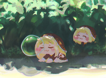 2girls :3 all_fours black_coif black_dress blonde_hair blush bush clone closed_eyes closed_mouth commentary_request dress full_body long_hair long_sleeves meme multiple_girls nose_bubble skull sleeping smile sol3ssus speaki_(trickcal) speakiposting_(meme) trickcal