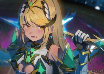 1girl aegis_sword_(xenoblade) blurry blurry_background breasts cleavage cleavage_cutout clothing_cutout commentary_request earrings eyelashes fang highres holding holding_sword holding_weapon jewelry large_breasts looking_at_viewer mythra_(xenoblade) northertrain open_mouth solo sparkle standing sword tiara v-shaped_eyebrows weapon xenoblade_chronicles_(series) xenoblade_chronicles_2 yellow_eyes