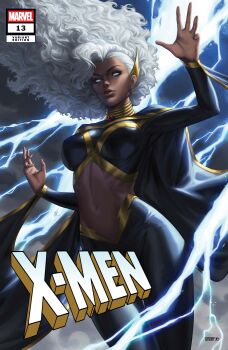 Rule 34 | 1girl, absurdres, big hair, black cape, black pants, blank eyes, breasts, cape, comic cover, company name, copyright logo, copyright name, cover, cover page, dark-skinned female, dark skin, earrings, ejikure, electricity, electrokinesis, english text, floating hair, highres, jewelry, lightning, lightning bolt earrings, lightning bolt symbol, logo, long hair, marvel, medium breasts, midriff, navel, no pupils, official art, pants, parted lips, storm (x-men), superhero costume, white hair, x-men
