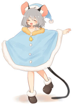 1girl absurdres alternate_costume animal_ear_fluff animal_ears blue_dress blue_hat blush boots brown_boots closed_eyes commentary dress edamanecha full_body fur-trimmed_boots fur-trimmed_dress fur-trimmed_headwear fur_trim grey_hair hat highres looking_at_viewer medium_hair mouse_ears mouse_girl mouse_tail nazrin open_mouth smile solo tail touhou upper_body