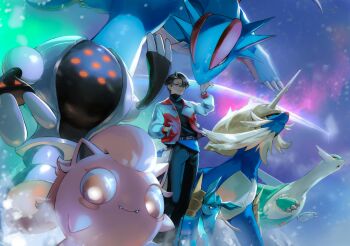 1boy absurdres alternate_color artist_self-insert belt black_belt black_hair black_pants black_shirt blush_stickers bracelet closed_mouth commentary english_commentary fangs fangs_out feet_out_of_frame gen_3_pokemon gen_4_pokemon gen_5_pokemon glaceon hand_in_pocket highres jacket jewelry latios legendary_pokemon long_sleeves looking_at_viewer mole mole_on_cheek multicolored_jacket nintendo open_clothes open_jacket original pants pokemon pokemon_(creature) puffy_long_sleeves puffy_sleeves purple_eyes red_jacket registeel salamence samurott scream_tail shiny_pokemon shirt shooting_star short_hair smile standing tommy_(kingdukeee) turtleneck turtleneck_shirt two-tone_jacket white_jacket