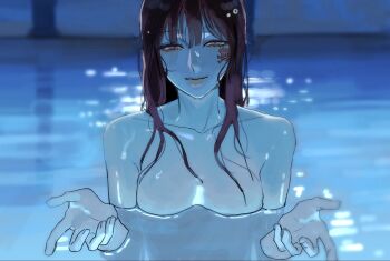 1girl breasts closed_mouth collarbone gnosia half-closed_eyes highres i&#039;ll_teach_you_everything_(chainsaw_man) leotab12 long_hair looking_at_viewer no_nipples outstretched_hand partially_submerged pool red_eyes red_hair scene_reference skull_and_crossbones smile spoilers sq_(gnosia) tattoo upper_body water wet wet_hair